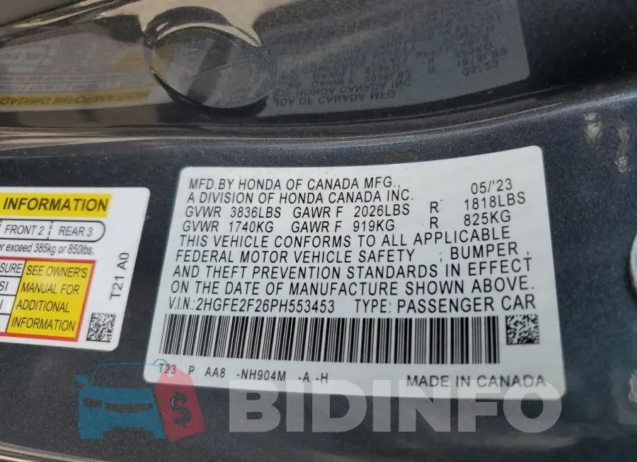 2HGFE2F26PH553453 Photo# 12