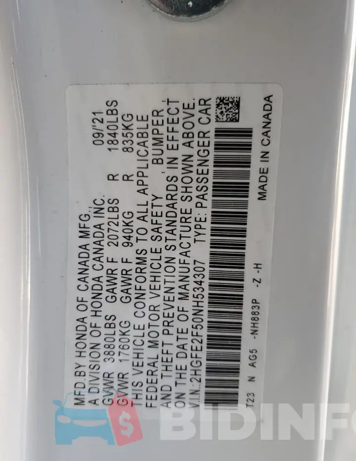 2HGFE2F50NH534307 Photo# 12