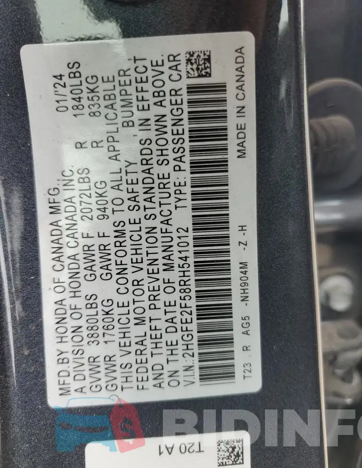 2HGFE2F58RH541012 Photo# 12