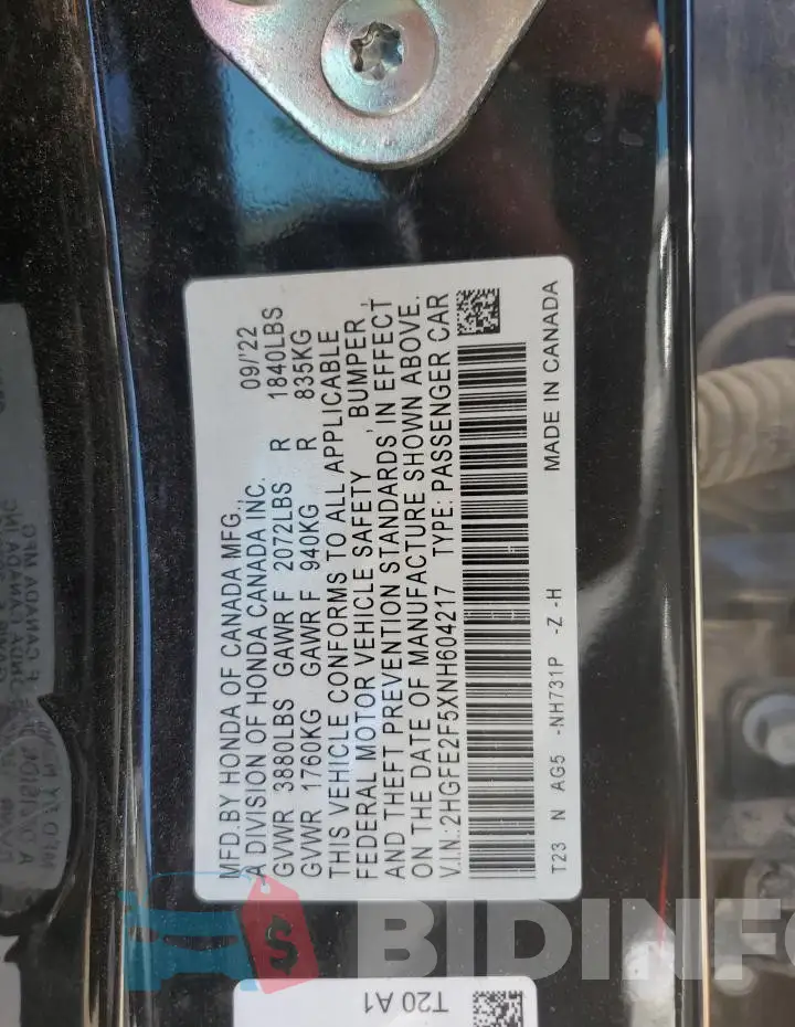 2HGFE2F5XNH604217 Photo# 12