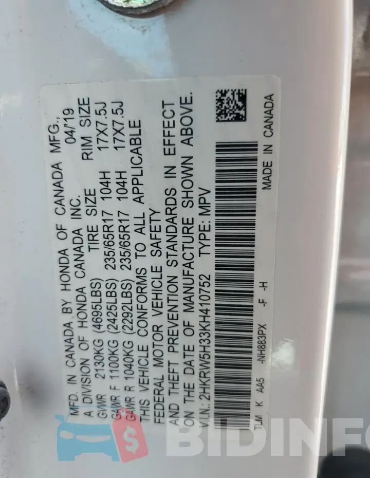 2HKRW5H33KH410752 Photo# 13