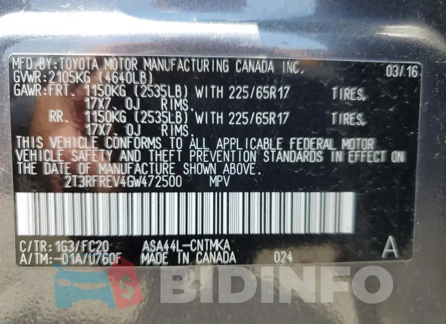 2T3RFREV4GW472500 Photo# 13