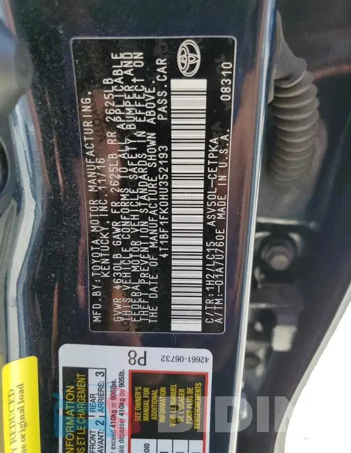 4T1BF1FK0HU352193 Photo# 12