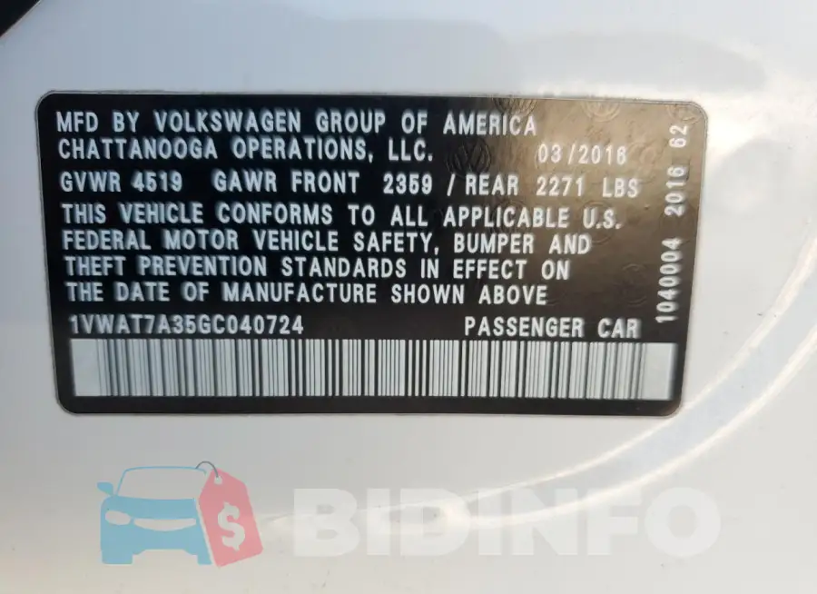 1VWAT7A35GC040724 Photo# 12