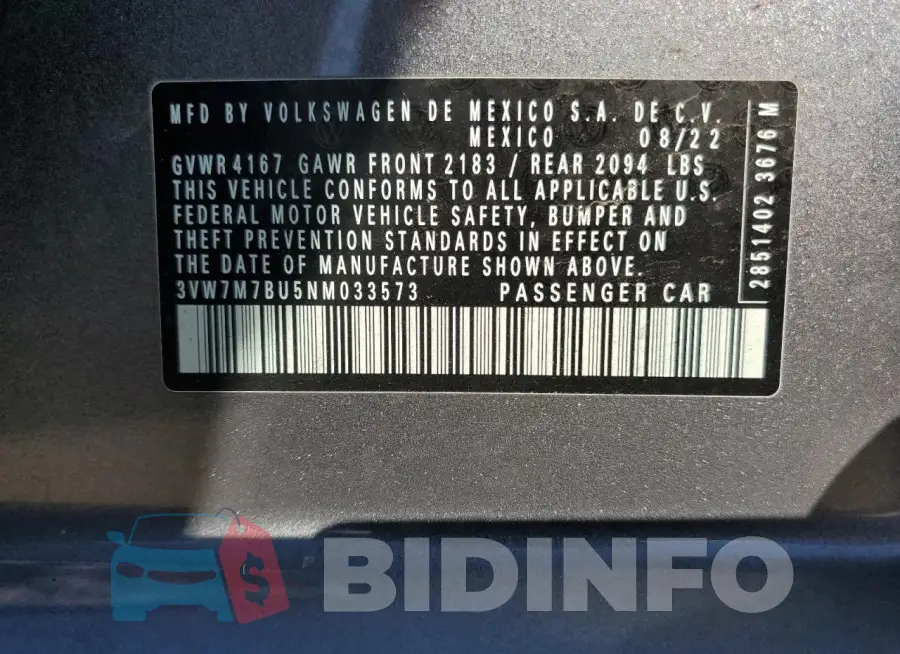 3VW7M7BU5NM033573 Photo# 12