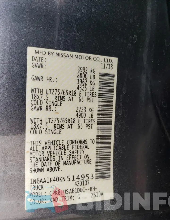 1N6AA1F40KN514953 Photo# 12