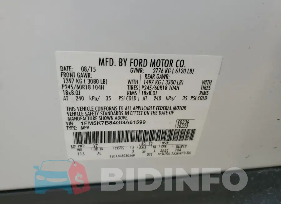 1FM5K7B84GGA61599 Photo# 13