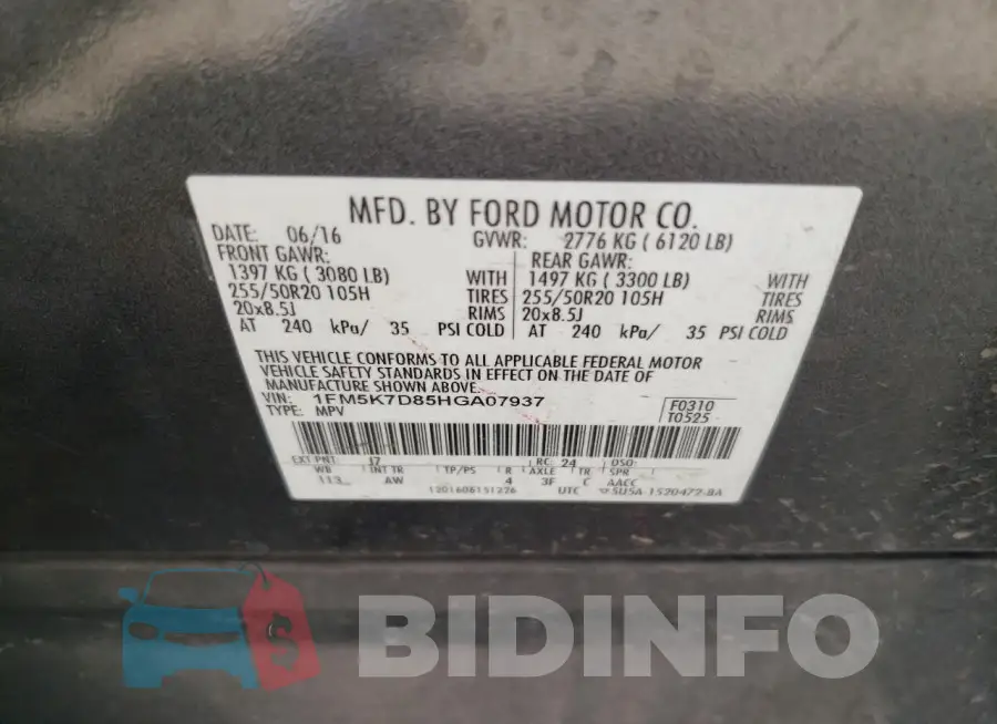 1FM5K7D85HGA07937 Photo# 13