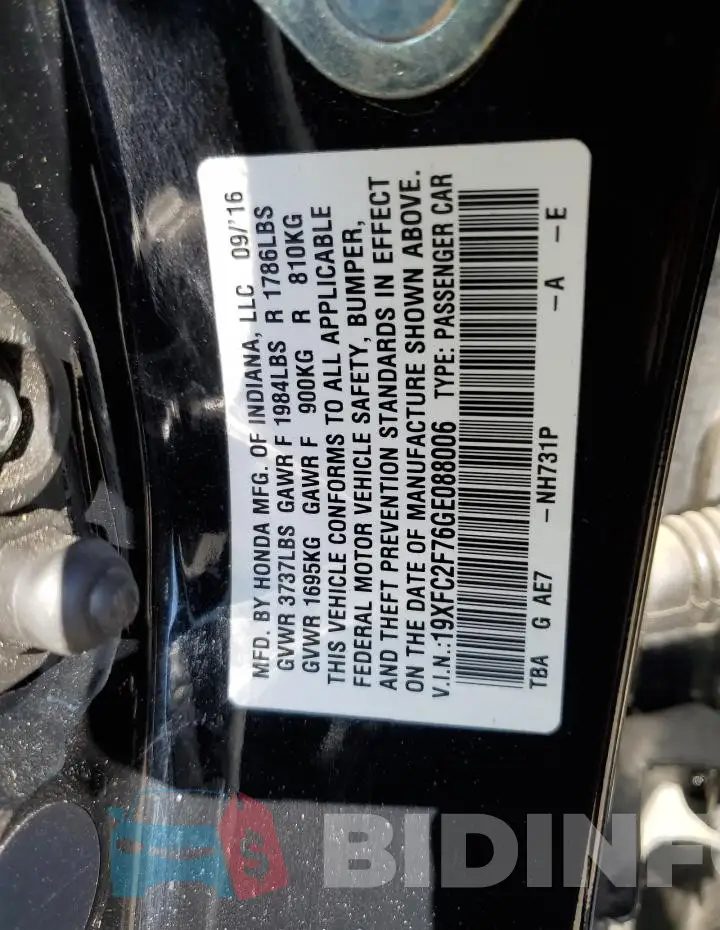 19XFC2F76GE088006 Photo# 12