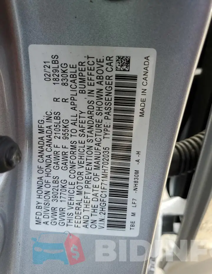 2HGFC1F71MH702035 Photo# 12