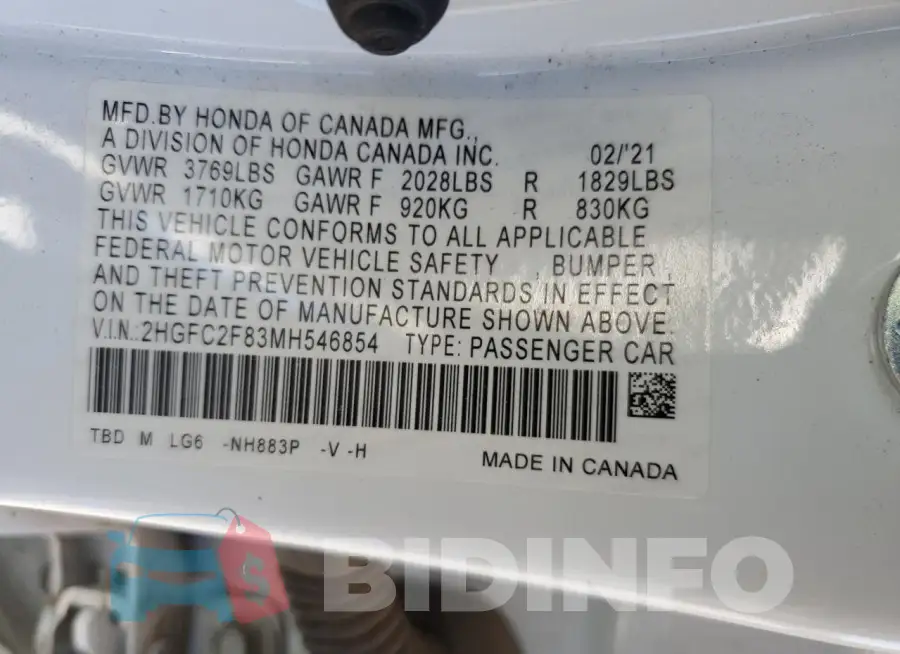 2HGFC2F83MH546854 Photo# 13
