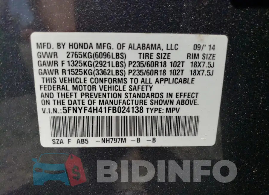 5FNYF4H41FB024138 Photo# 14