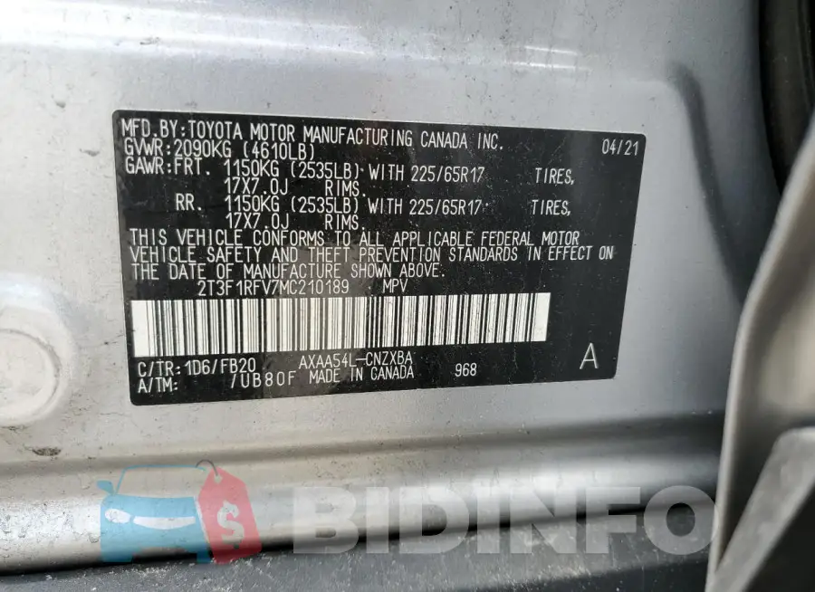 2T3F1RFV7MC210189 Photo# 14