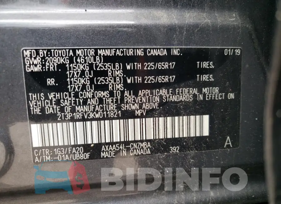 2T3P1RFV3KW011821 Photo# 13