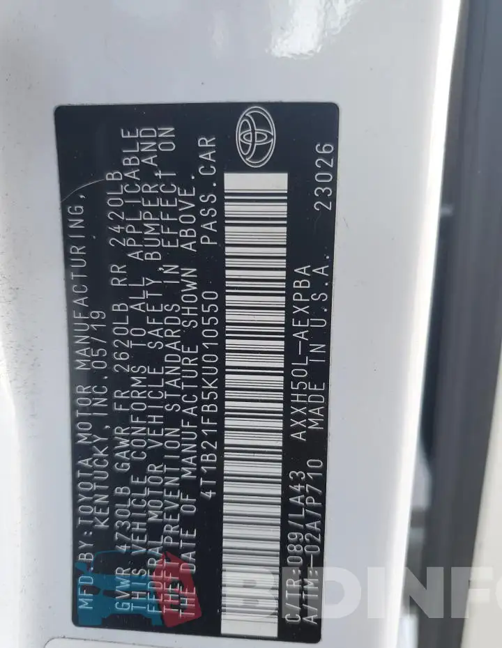 4T1B21FB5KU010550 Photo# 12