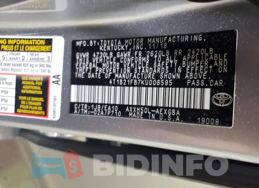4T1B21FB7KU006595 Photo# 12