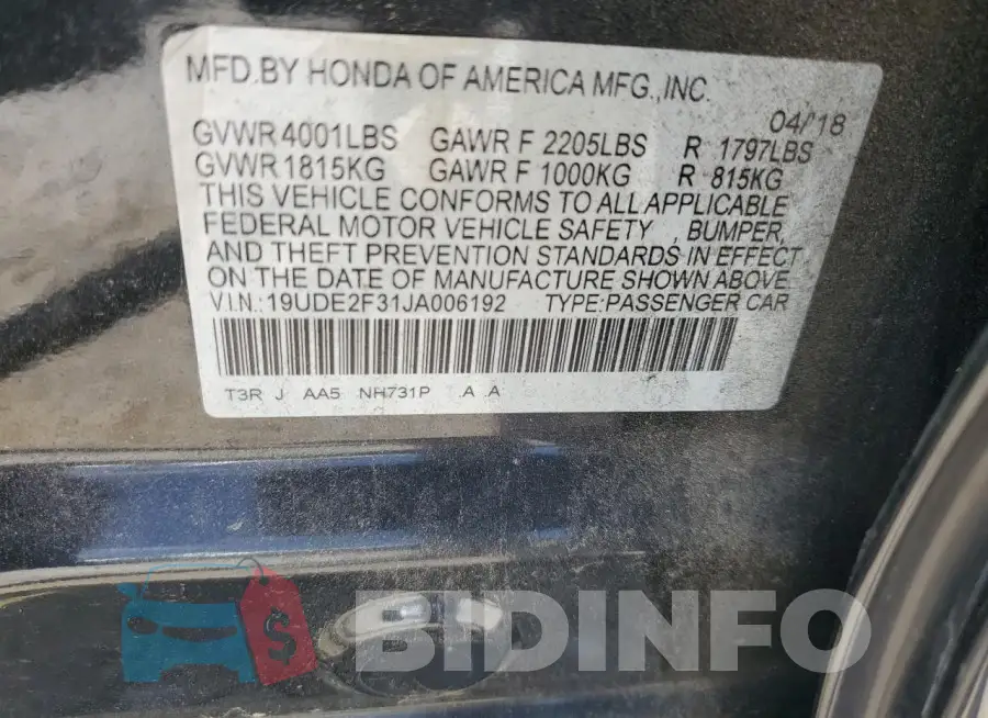 19UDE2F31JA006192 Photo# 13