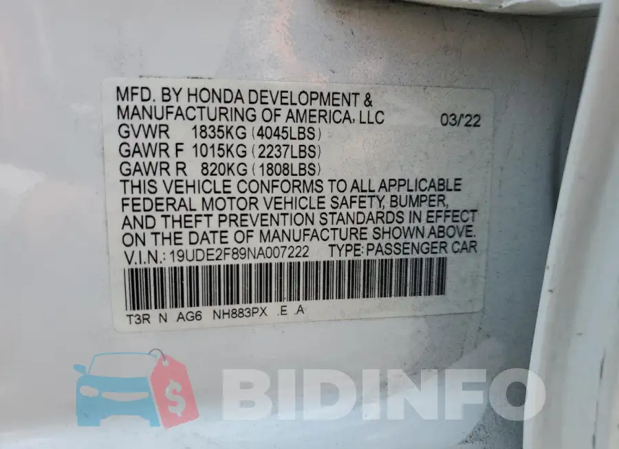 19UDE2F89NA007222 Photo# 12