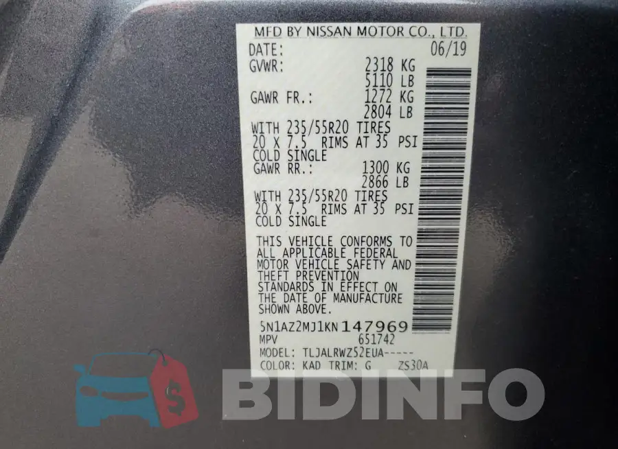 5N1AZ2MJ1KN147969 Photo# 13