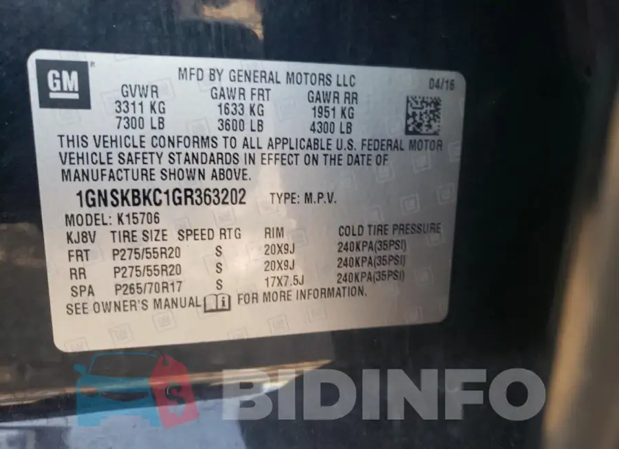 1GNSKBKC1GR363202 Photo# 13