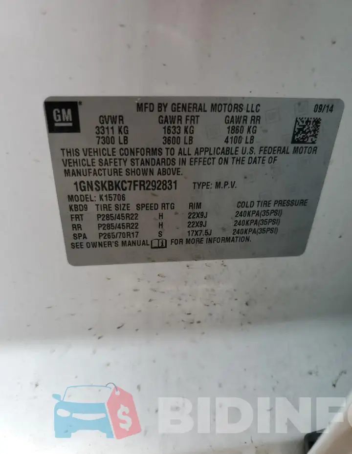 1GNSKBKC7FR292831 Photo# 13