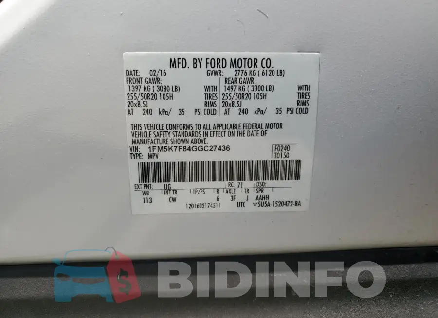 1FM5K7F84GGC27436 Photo# 14
