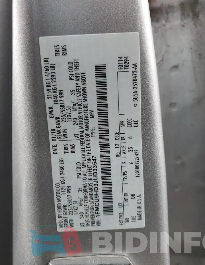 1FMCU9HD3JUB33547 Photo# 14