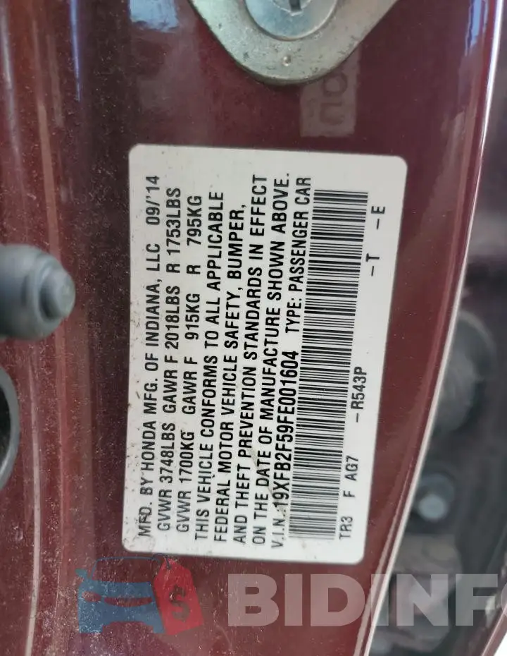 19XFB2F59FE001604 Photo# 12