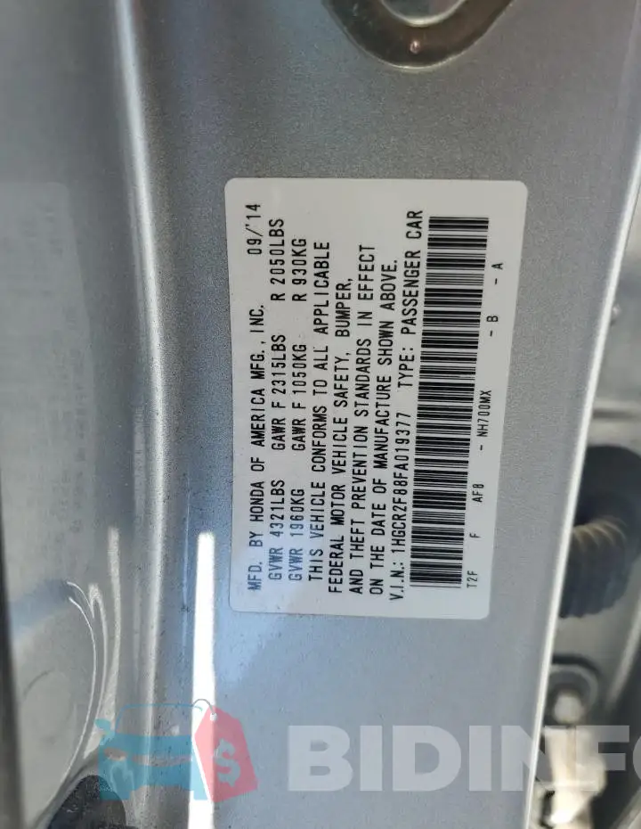 1HGCR2F88FA019377 Photo# 12