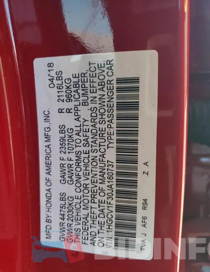 1HGCV1F30JA160737 Photo# 12
