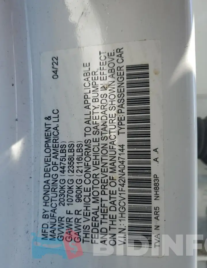 1HGCV1F42NA047144 Photo# 12