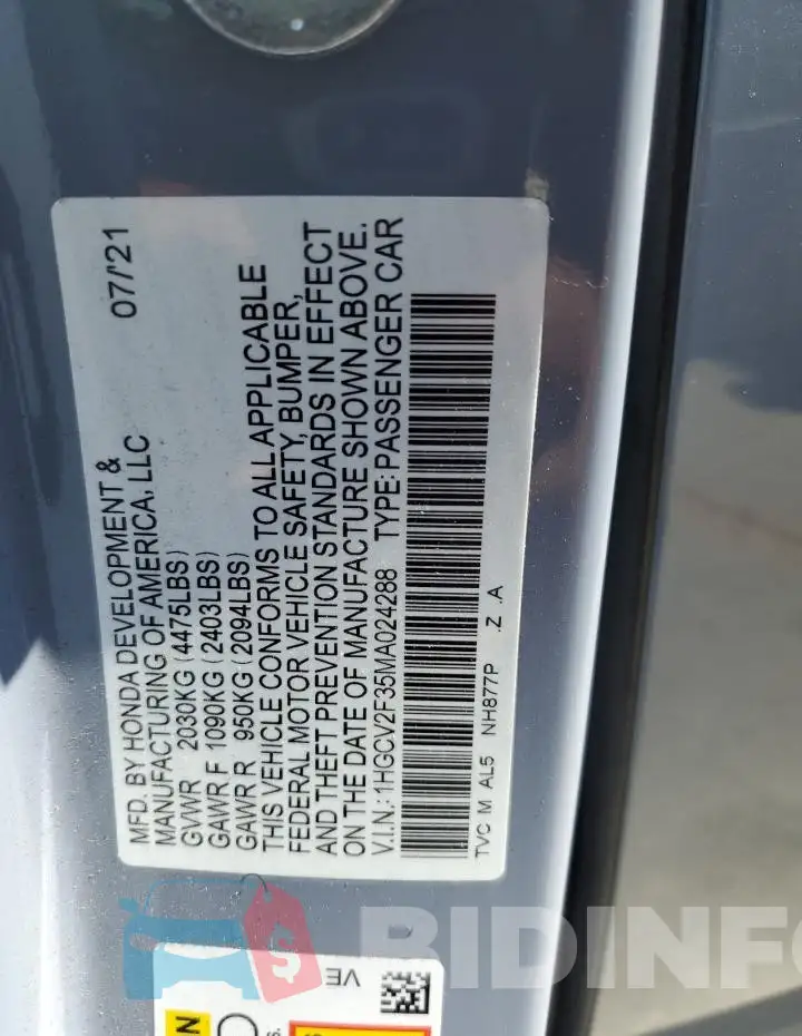 1HGCV2F35MA024288 Photo# 12