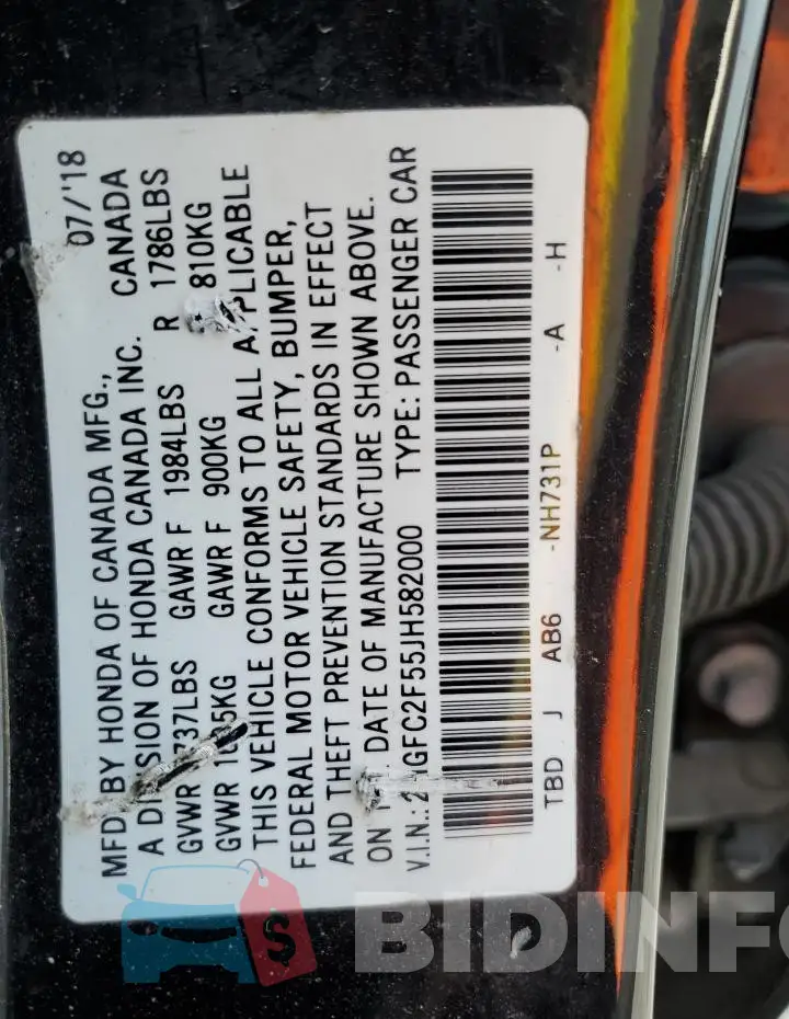 2HGFC2F55JH582000 Photo# 13