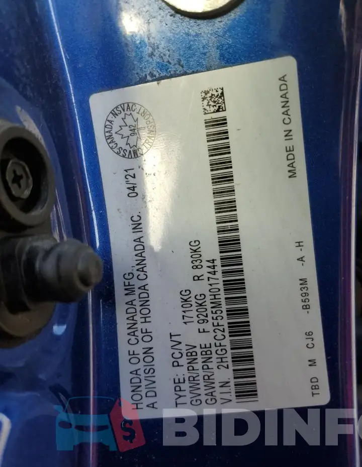 2HGFC2F55MH017444 Photo# 12