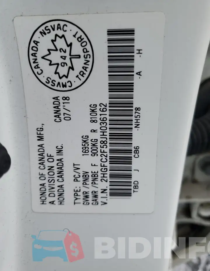 2HGFC2F58JH036162 Photo# 12