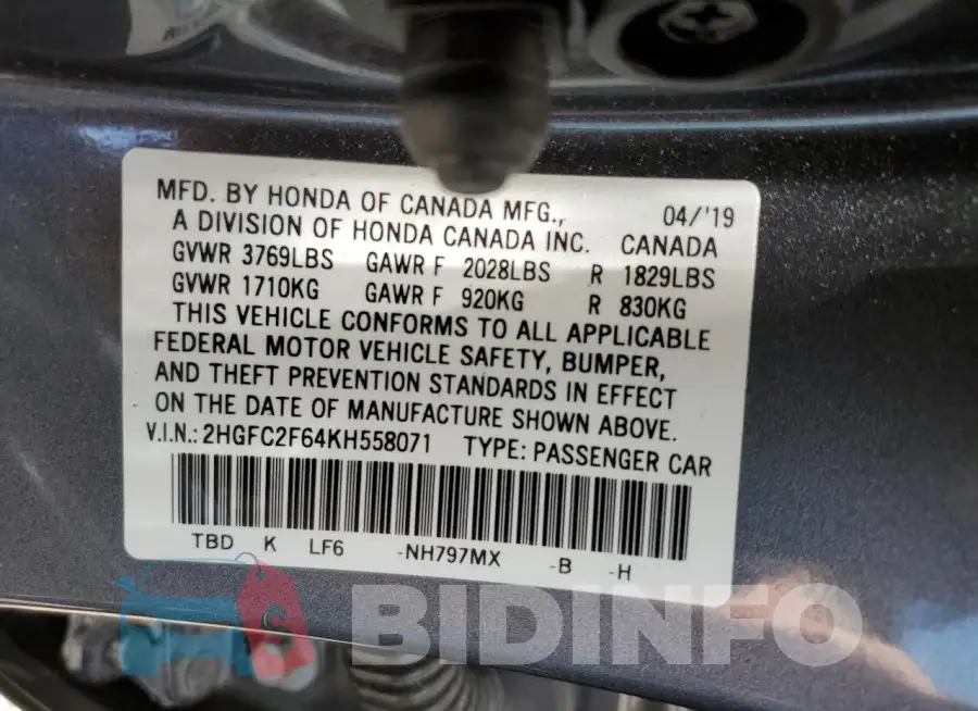 2HGFC2F64KH558071 Photo# 13