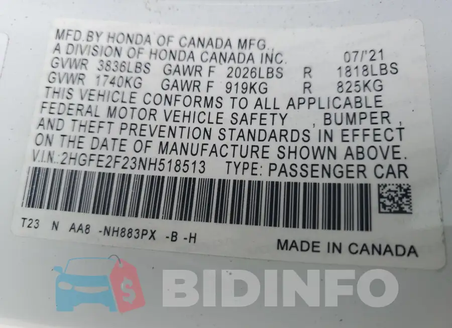 2HGFE2F23NH518513 Photo# 12