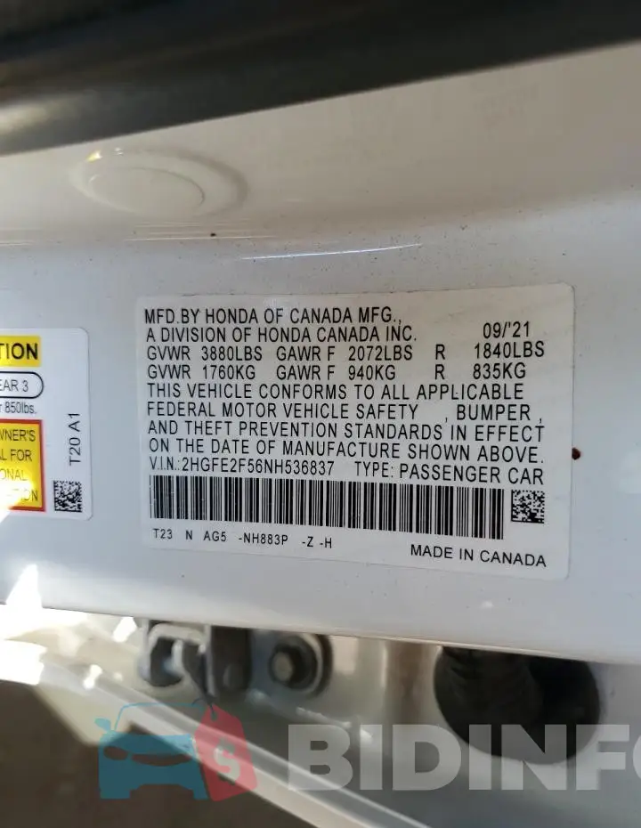 2HGFE2F56NH536837 Photo# 12