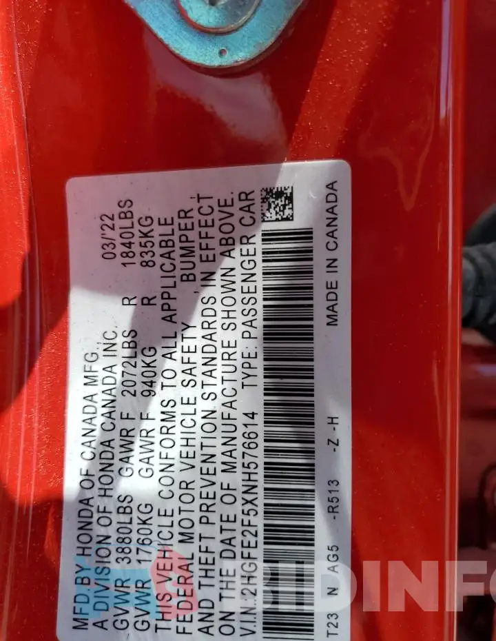 2HGFE2F5XNH576614 Photo# 12