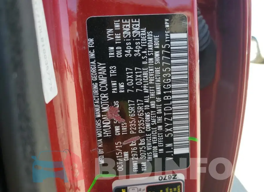 5XYZTDLB1GG357775 Photo# 13