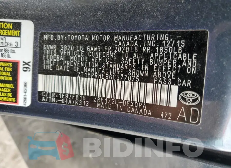 2T1BPRHE8GC577075 Photo# 12