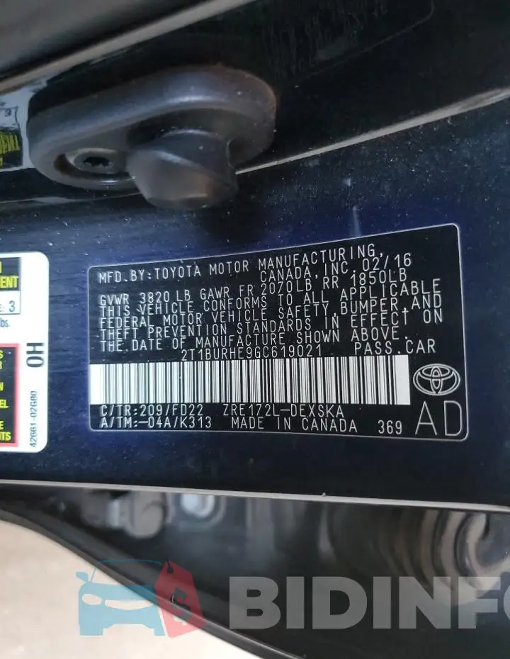 2T1BURHE9GC619021 Photo# 12