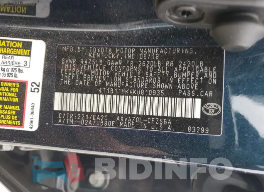 4T1B11HK4KU810935 Photo# 12