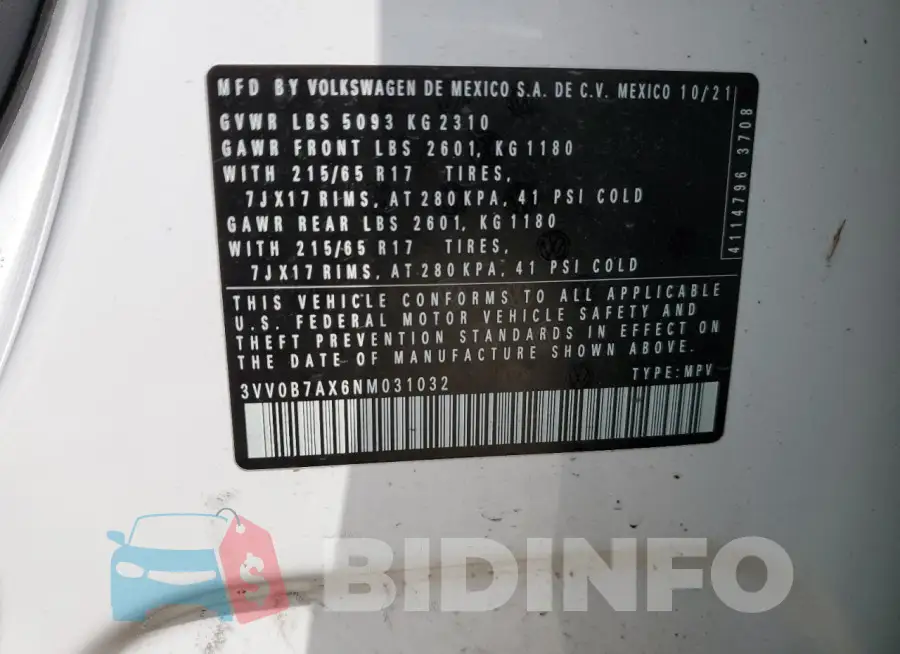 3VV0B7AX6NM031032 Photo# 14