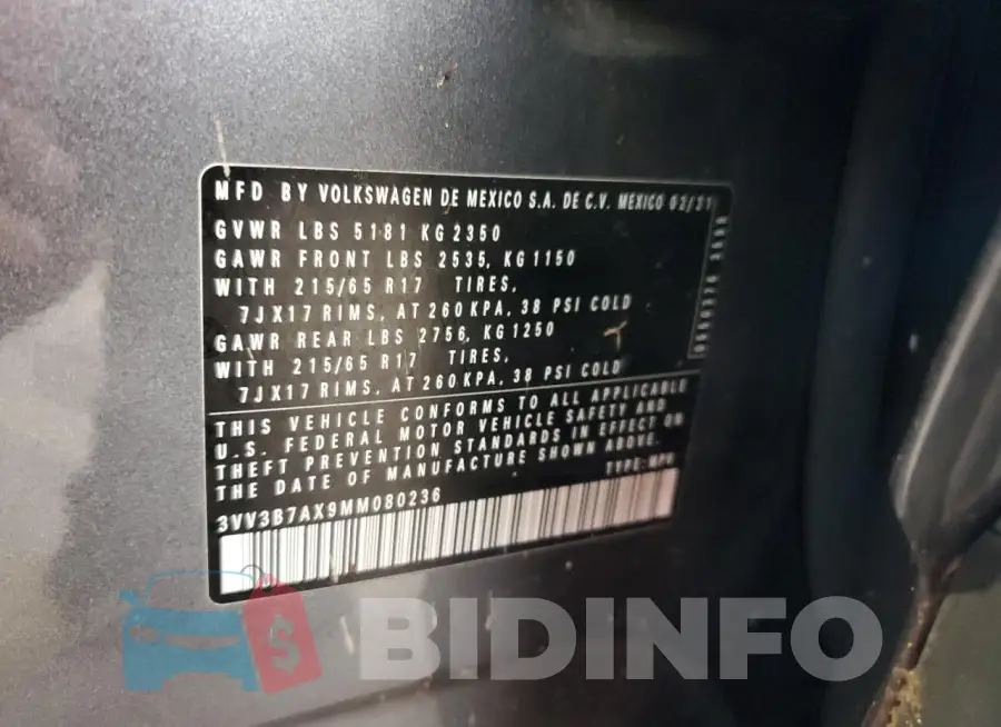 3VV3B7AX9MM080236 Photo# 13