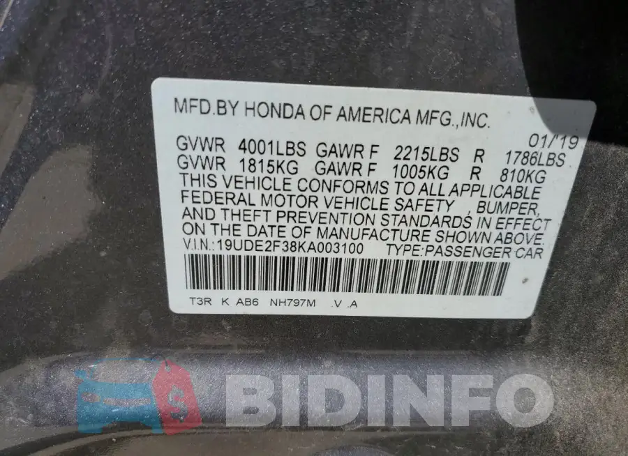 19UDE2F38KA003100 Photo# 13