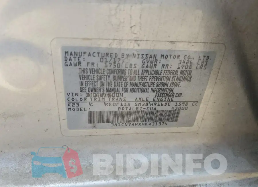 3N1CN7APXHK431374 Photo# 12