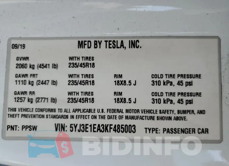 5YJ3E1EA3KF485003 Photo# 13