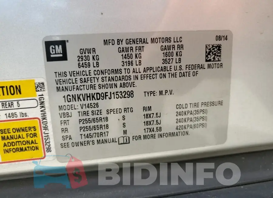 1GNKVHKD9FJ153298 Photo# 14