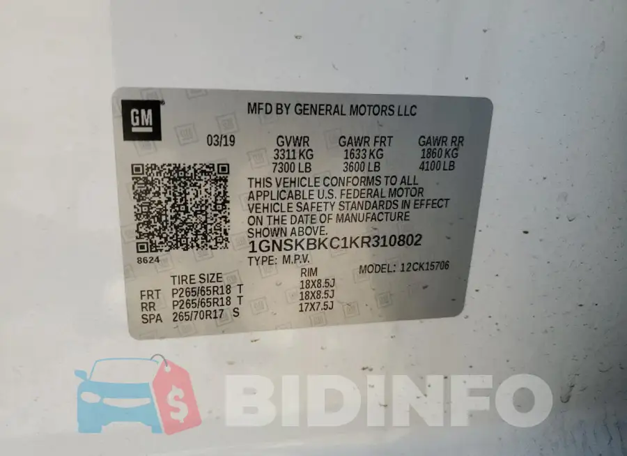 1GNSKBKC1KR310802 Photo# 12